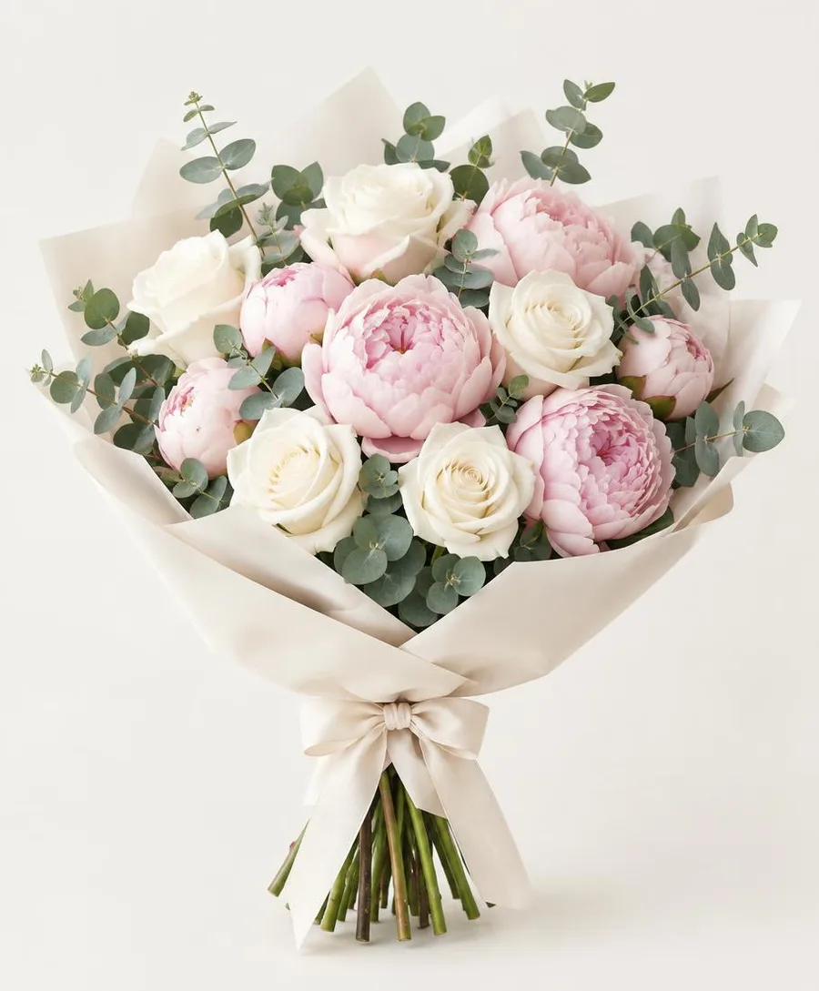 Buquê de rosas e peônias (exemplo)