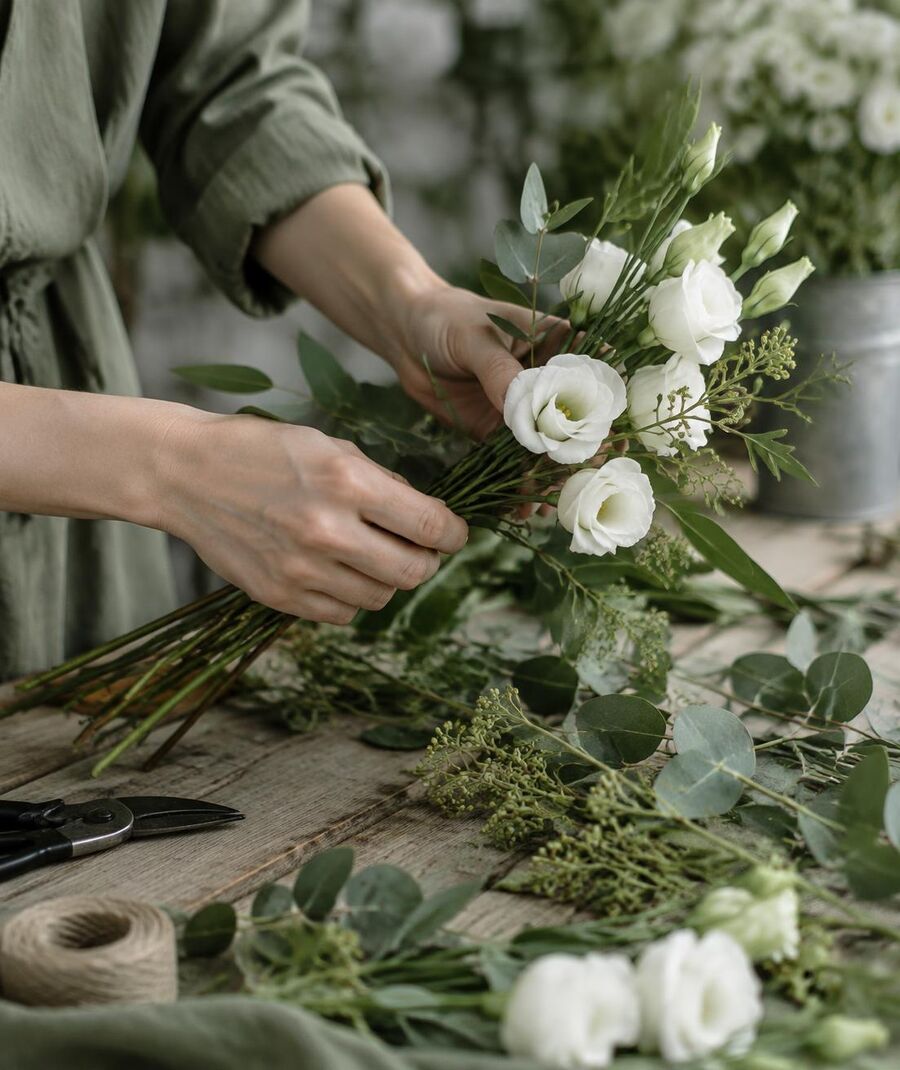Mãos montando um buquê de lisianthus brancos