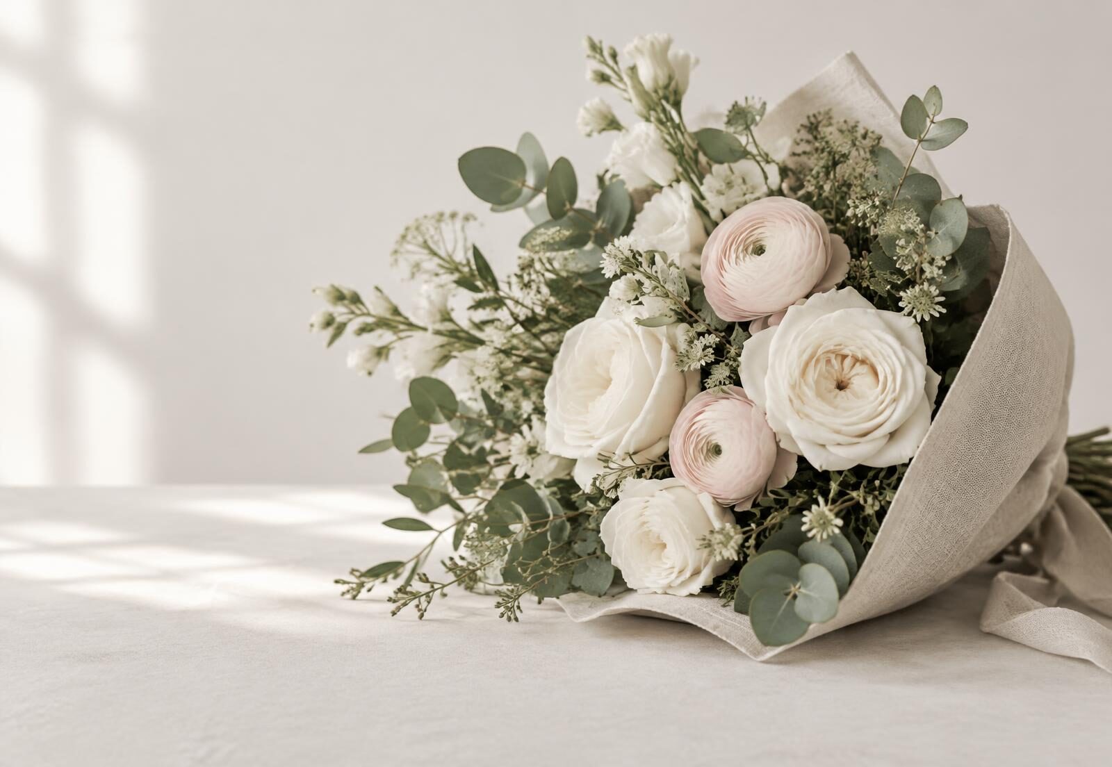 Buquê de rosas brancas, ranúnculos e eucalipto envolto em papel de linho